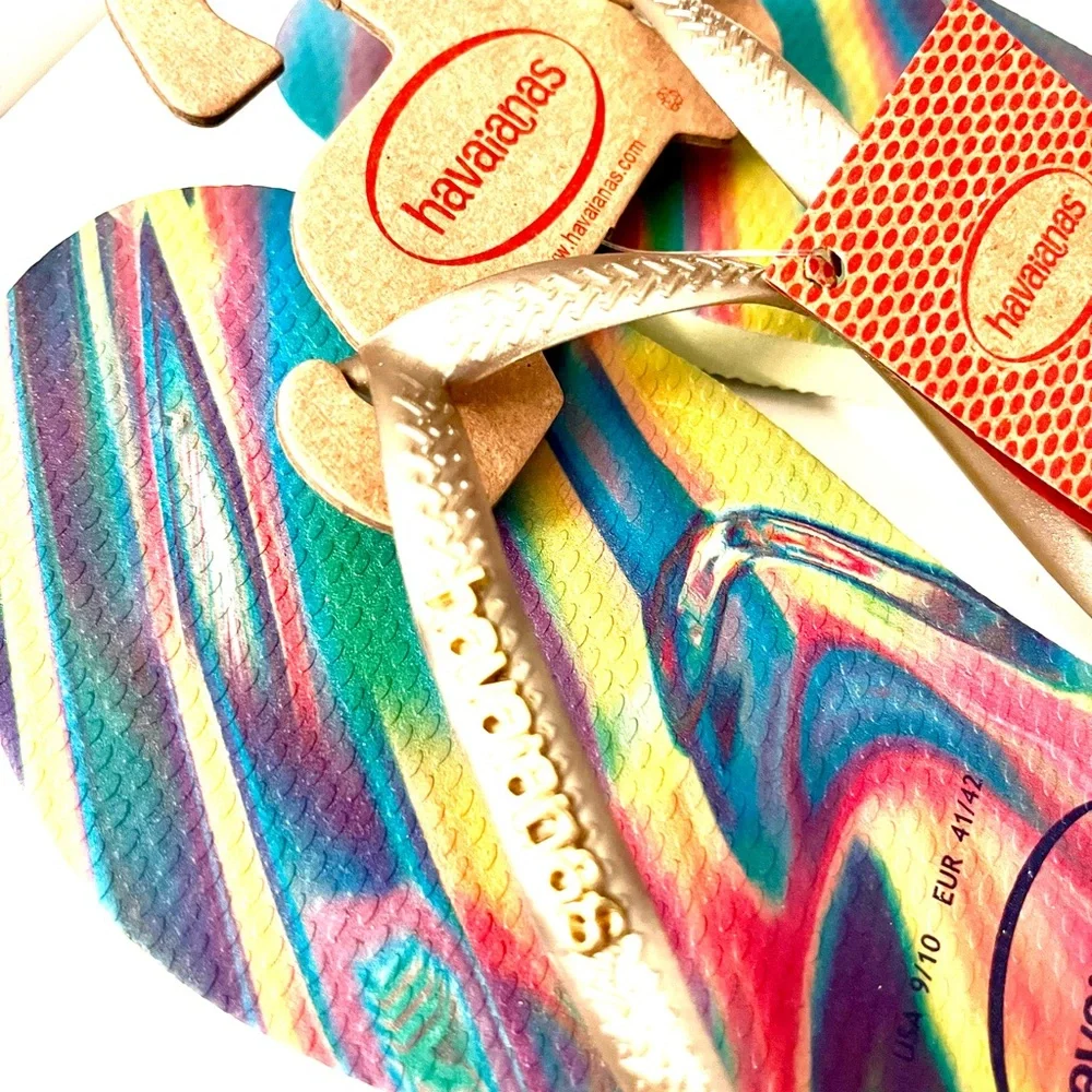 Havaianas Rainbow Swirl Flip Flops with Gold Straps Lime Green 9/10 women - Picture 5 of 8